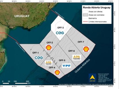 Los siete bloques que conforman el mar territorial de Uruguay, divididos para la exploración de hidrocarburos.