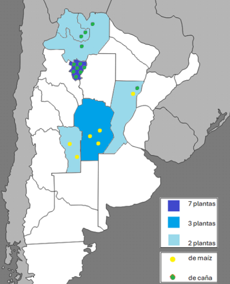 El mapa que muestra la distribuci&oacute;n de las plantas de etanol en el pa&iacute;s.