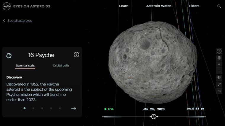 En tiempo real monitoreado por la NASA, el asteroide 16 Psyche. FOTO: Science.nasa.gov En tiempo real monitoreado por la NASA, el asteroide 16 Psyche. FOTO: Science.nasa.gov