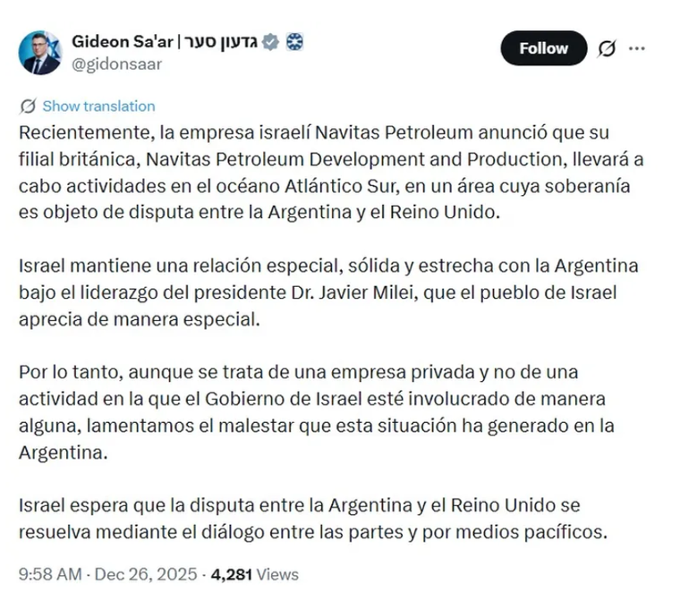 La publicación de canciller de Israel, Gideon Sa'ar.