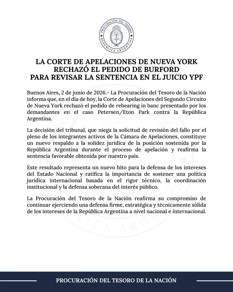 El comunicado del Tesoro de la Nación con respecto al fallo sobre YPF en Nueva York. El comunicado del Tesoro de la Nación con respecto al fallo sobre YPF en Nueva York.